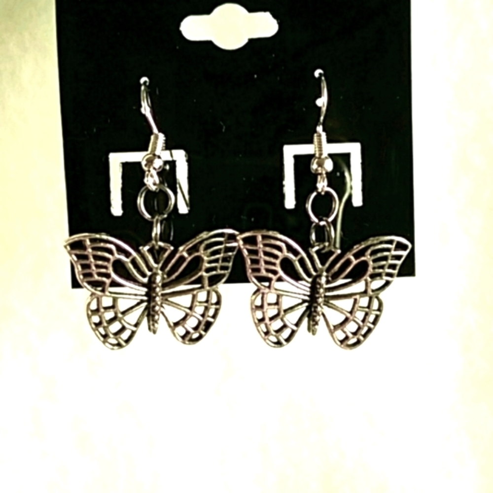 Silver butterfly hook earrings